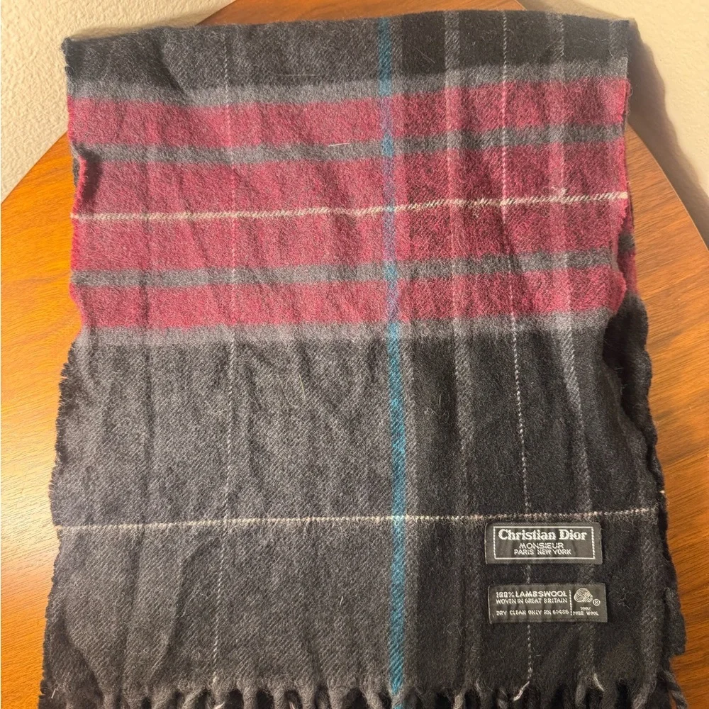 Vintage Christian Dior Monsieur 100% Lambswool Plaid Scarf
